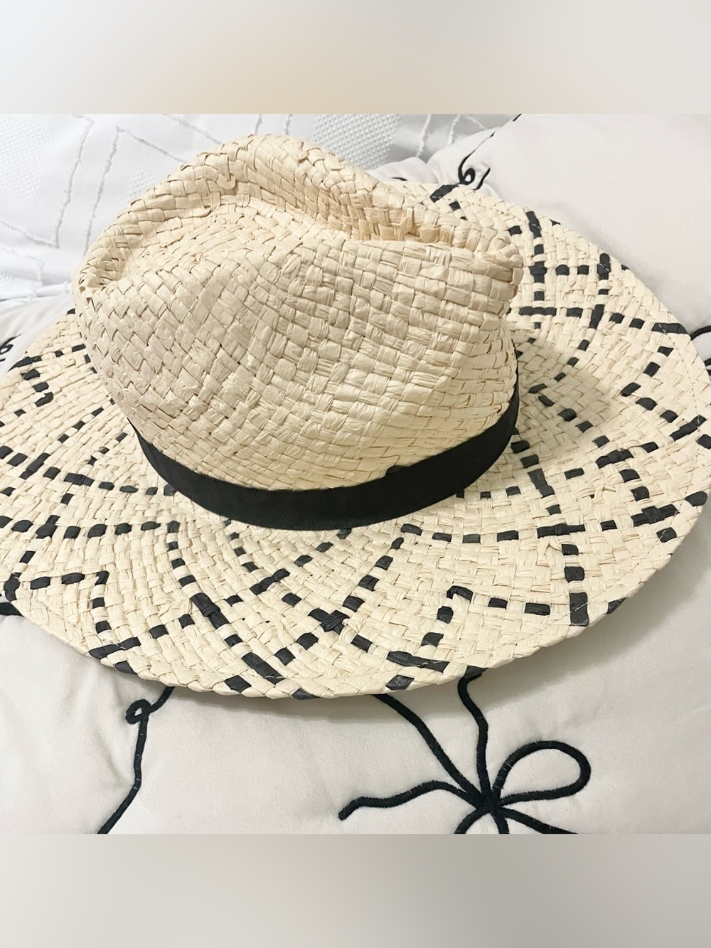 Mud Pie Cream Straw Hat with Black Accents - Picture 2 of 4
